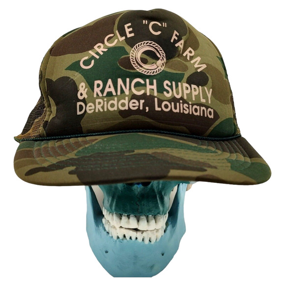 Vintage Trucker Hat Rope Foam Front Mesh Snapback Camo Green Circle C Farm Cap - Picture 2 of 14